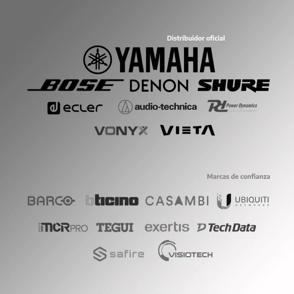 Yamaha, Bose, Denon, ShureAudio-Technica, Power Dinamics, Vonix, Barco, Casambi, Extertis, TechData